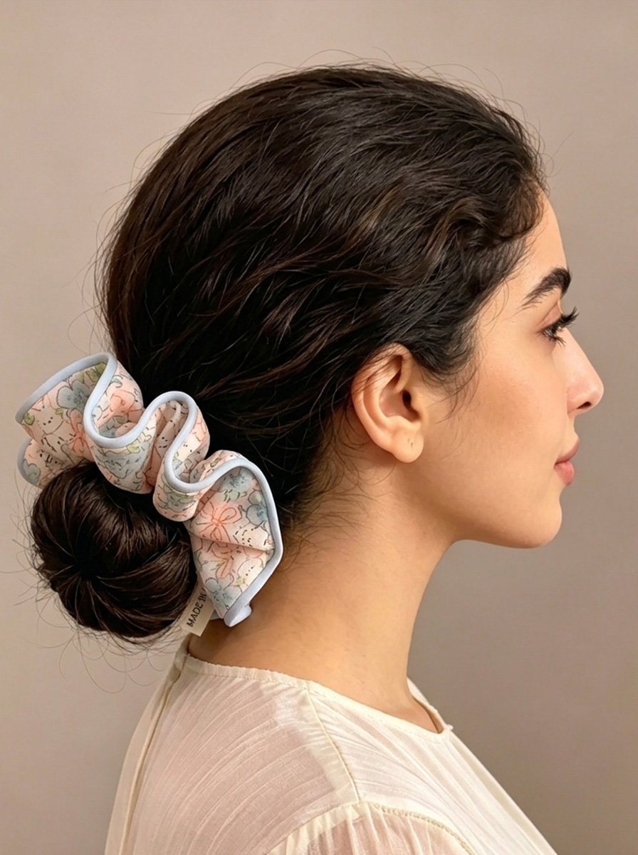 Pink Base Floral Bow Print Scrunchie, 14cm