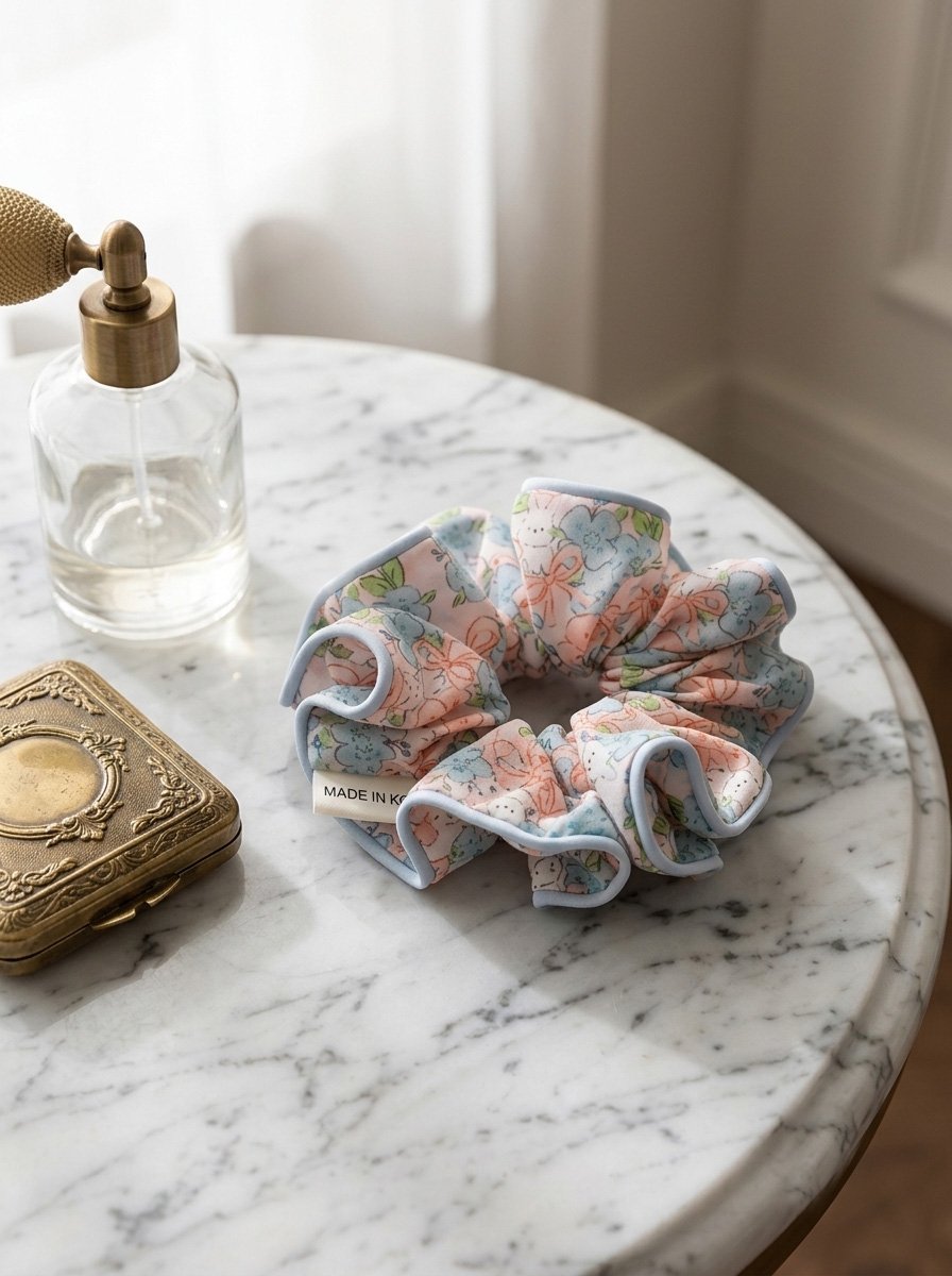 Pink Base Floral Bow Print Scrunchie, 14cm
