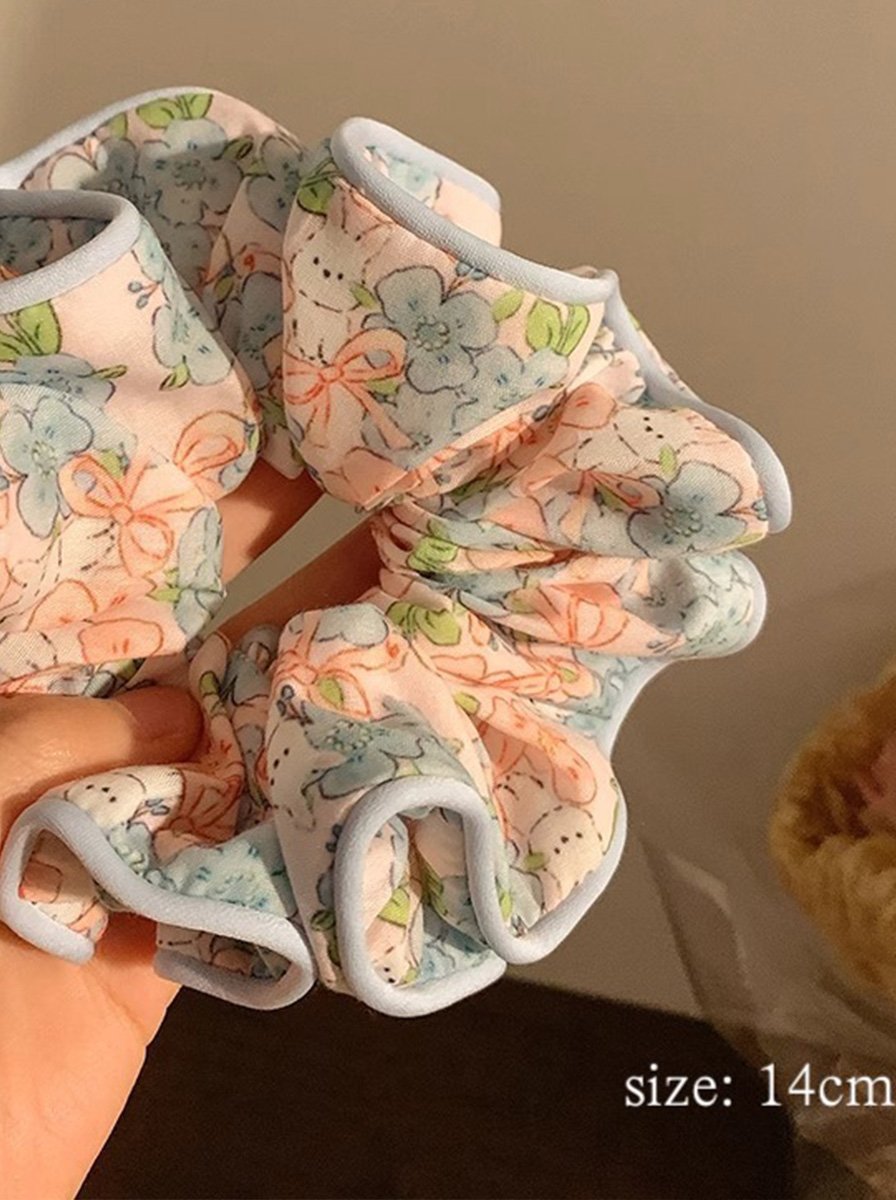 Pink Base Floral Bow Print Scrunchie, 14cm