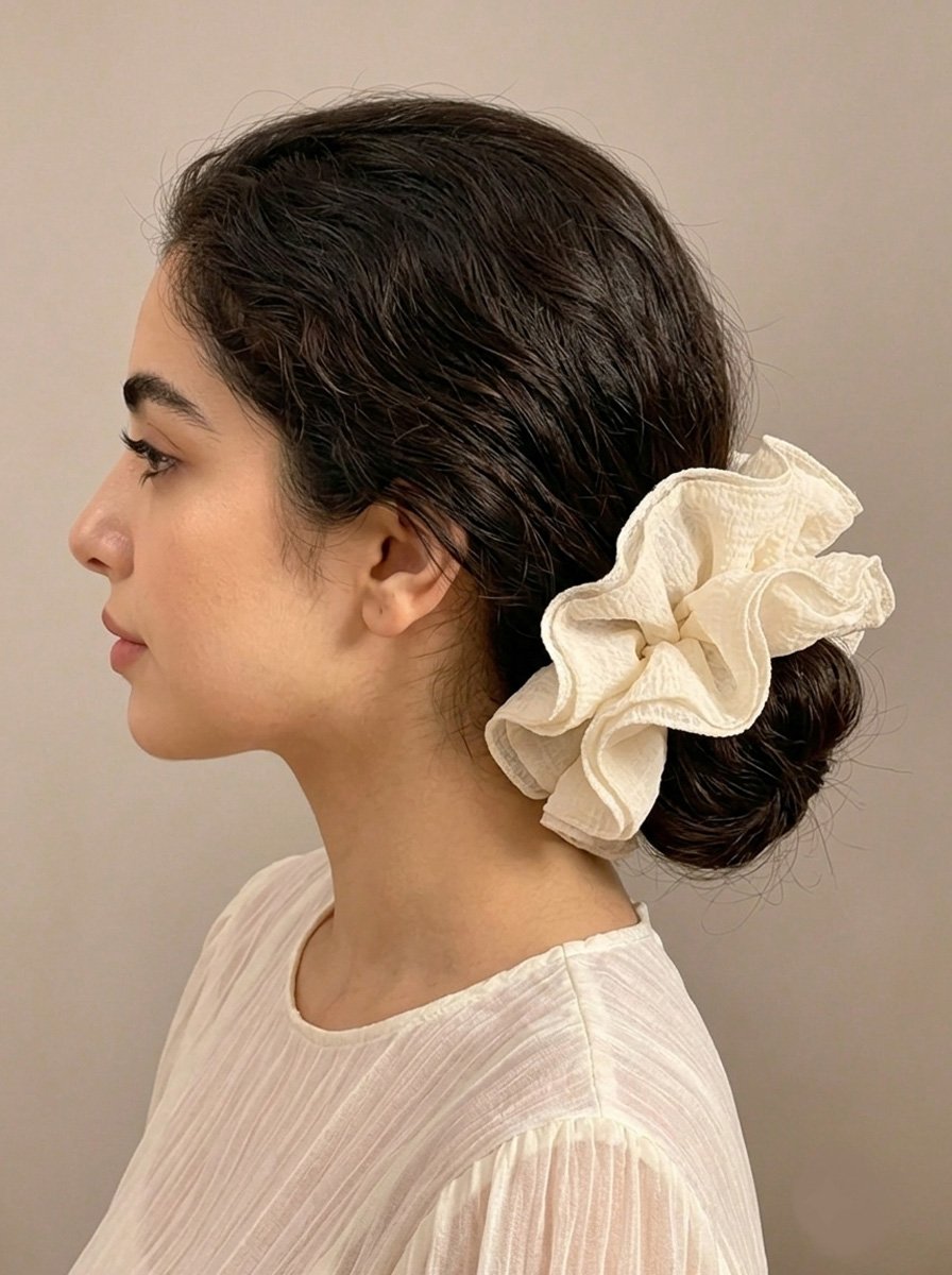 Cream Oversized Crinkle Ruffle Scrunchie, 14cm