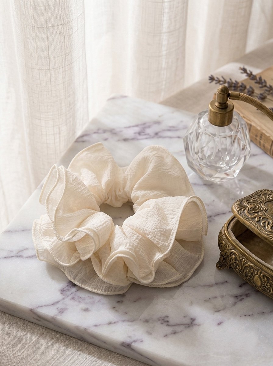Cream Oversized Crinkle Ruffle Scrunchie, 14cm