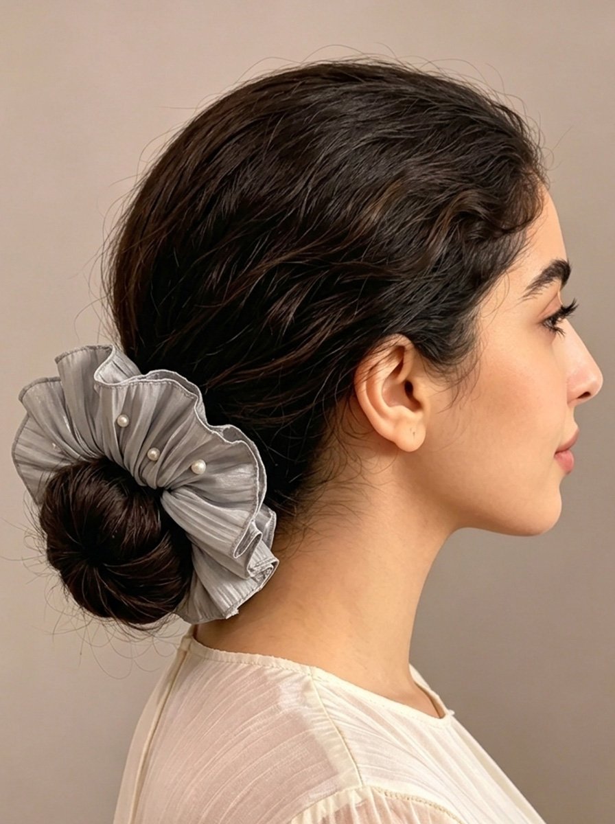Grey Plisse Satin Oversized Scrunchie, 20cm