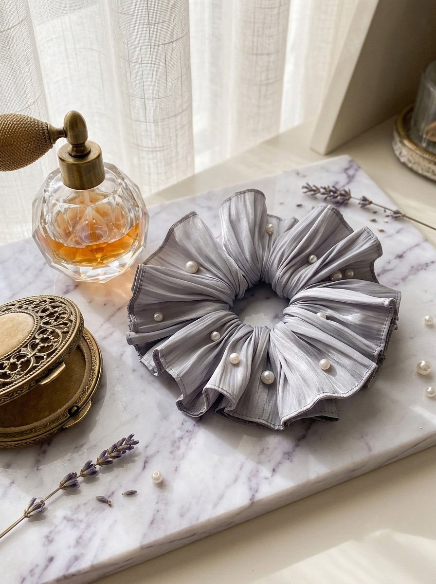 Grey Plisse Satin Oversized Scrunchie, 20cm