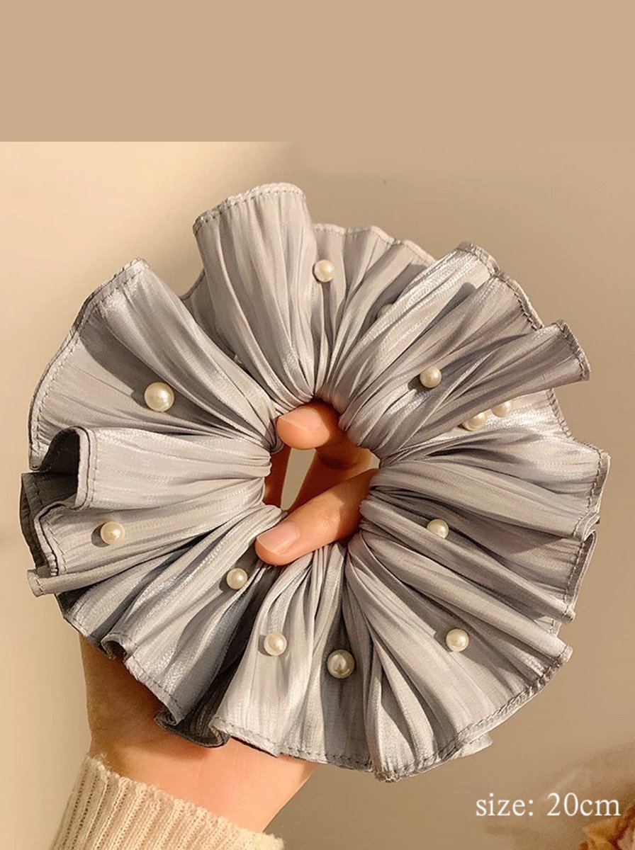 Grey Plisse Satin Oversized Scrunchie, 20cm