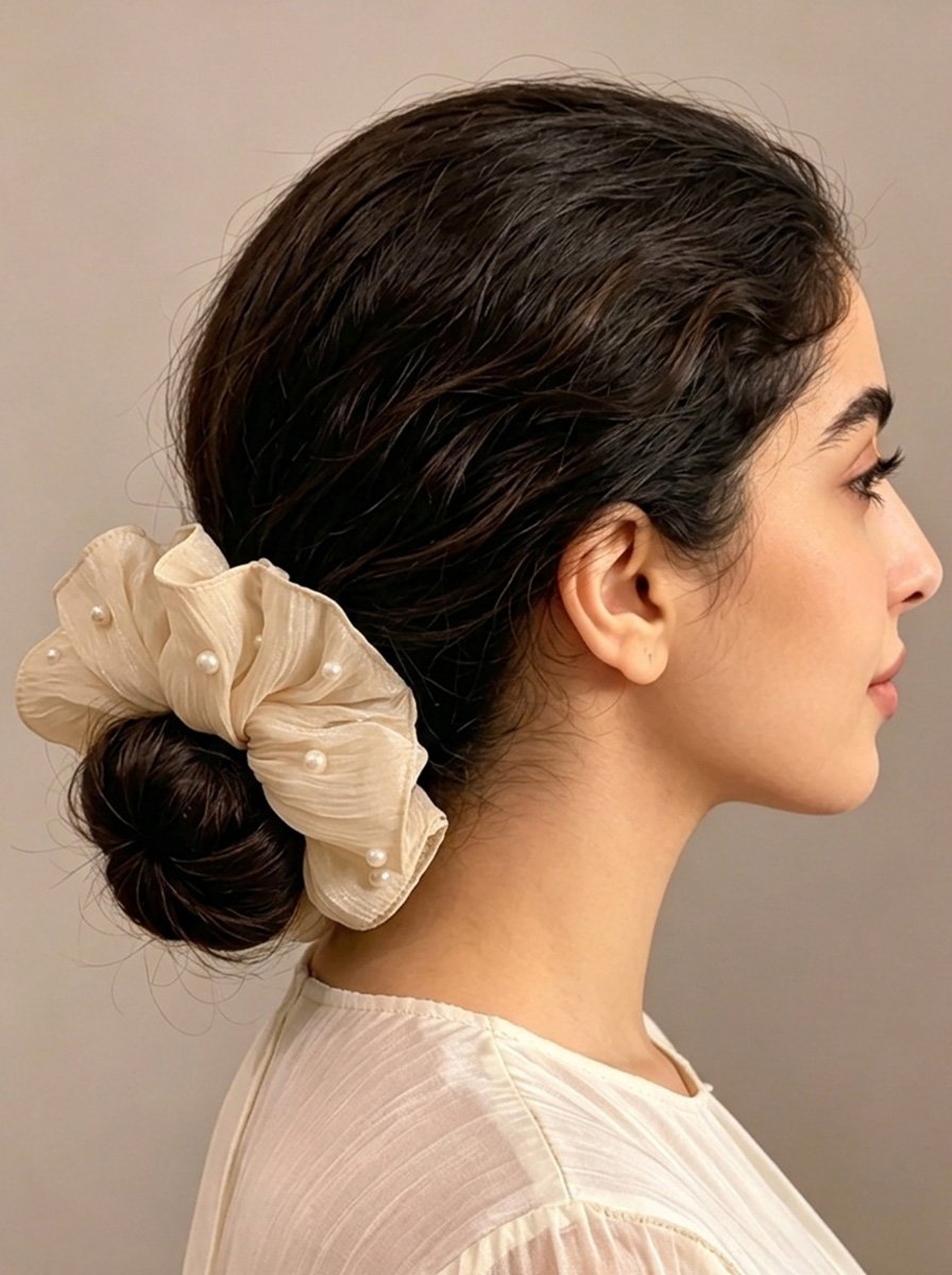 Cream Crinkle Oversized Scrunchie with Pearl Decor, 20cm