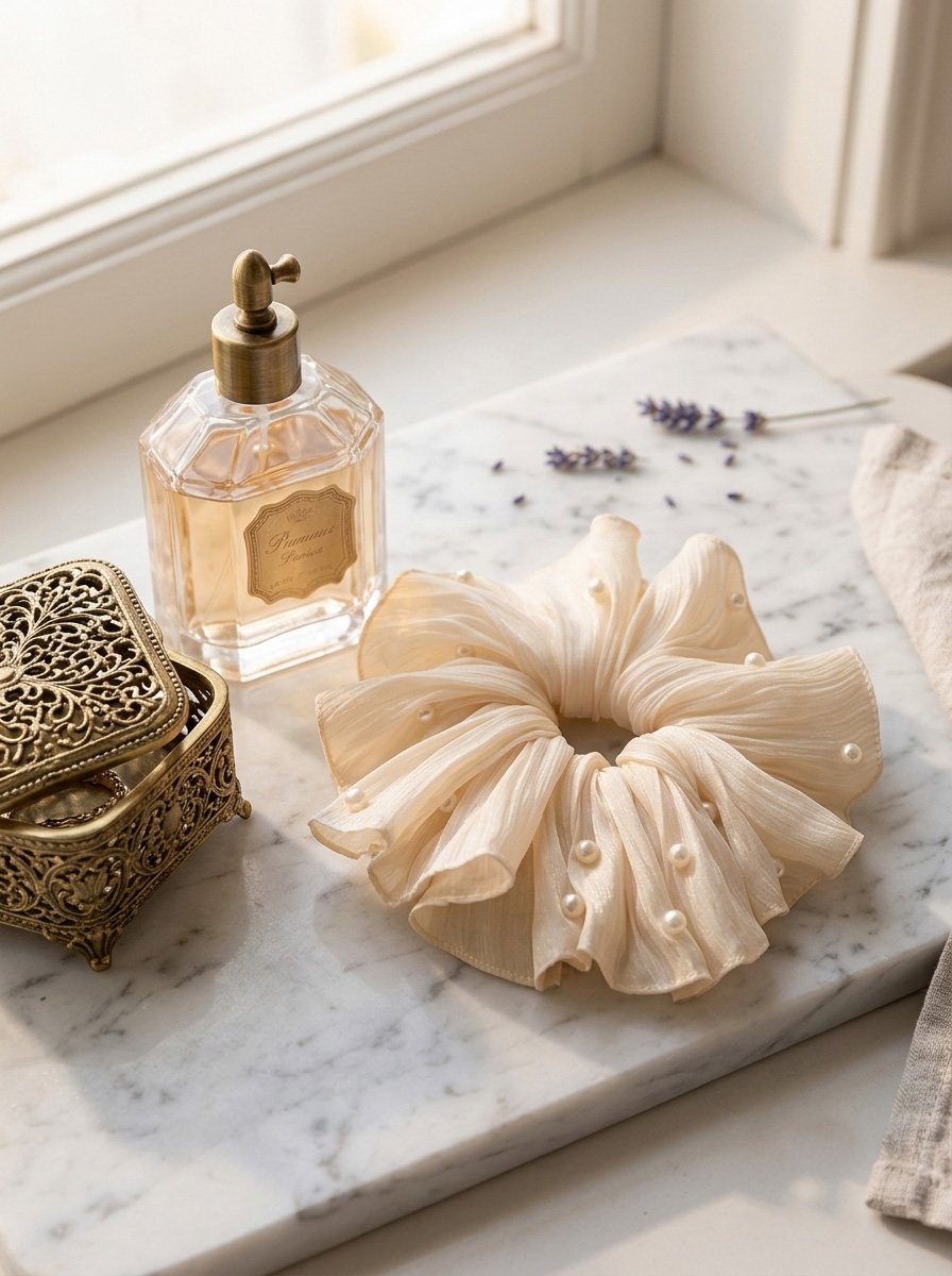 Cream Crinkle Oversized Scrunchie with Pearl Decor, 20cm