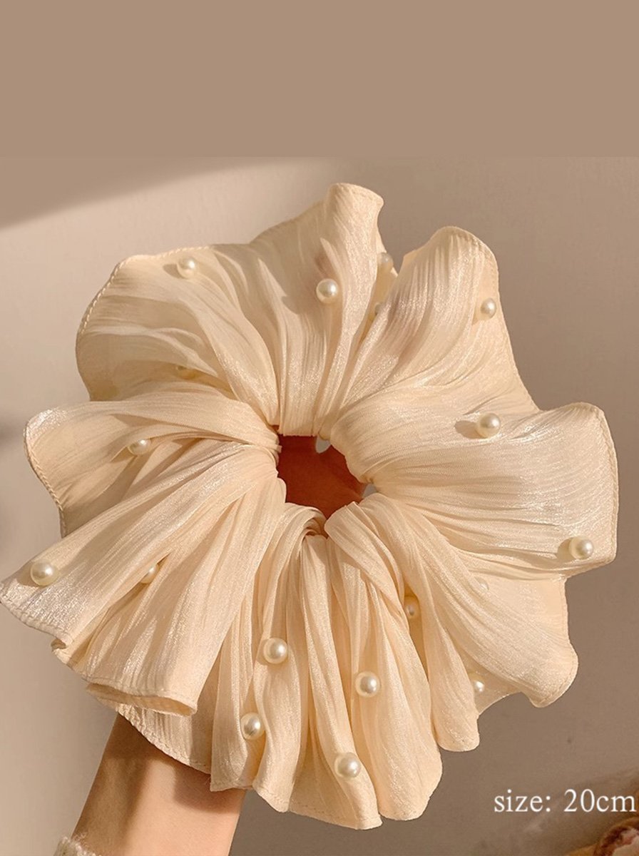 Cream Crinkle Oversized Scrunchie with Pearl Decor, 20cm