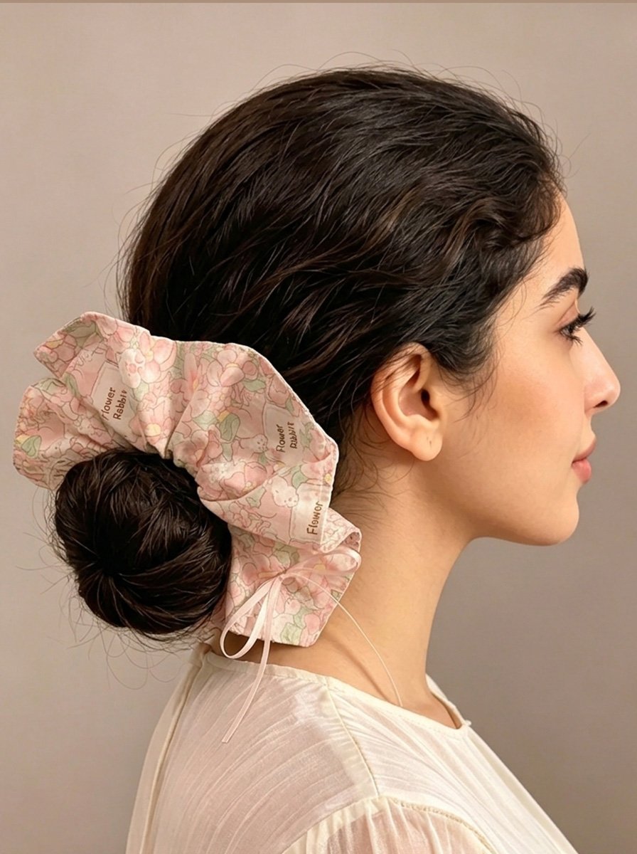 Pink Floral Rabbit Print Oversized Scrunchie, 20cm