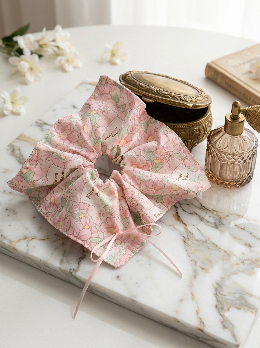 Pink Floral Rabbit Print Oversized Scrunchie, 20cm