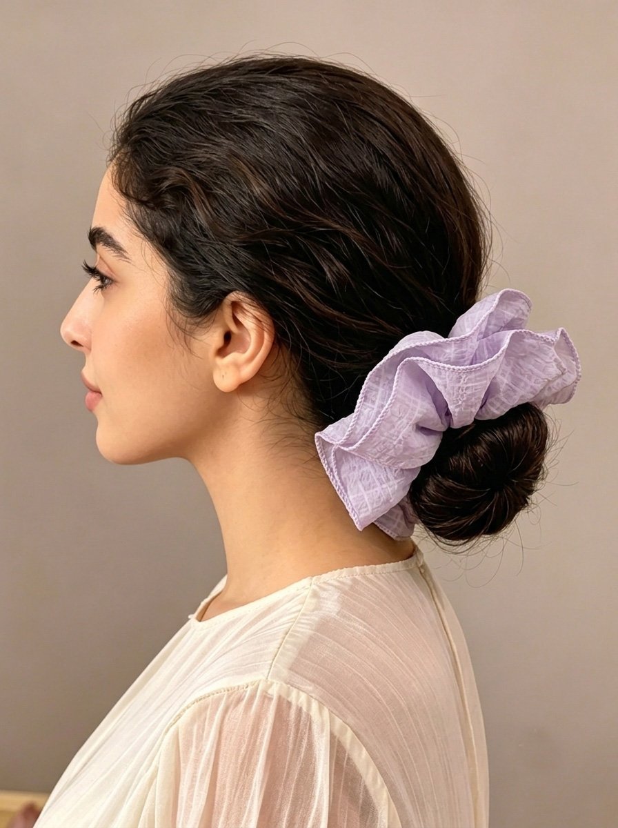Lilac Oversized Grid Ruffle Scrunchie, 14cm