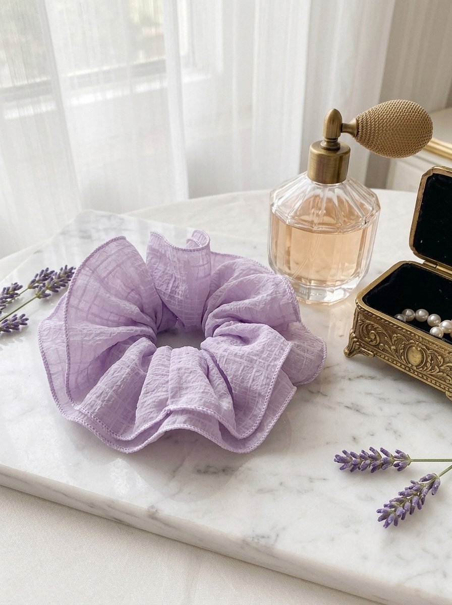 Lilac Oversized Grid Ruffle Scrunchie, 14cm
