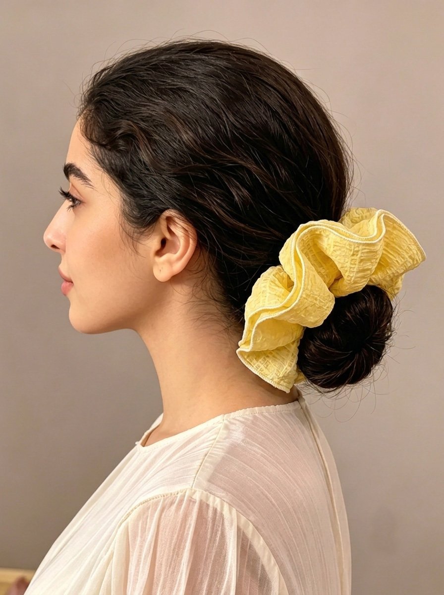 Lemon Yellow Oversized Crinkle Grid Ruffle Scrunchie, 19cm