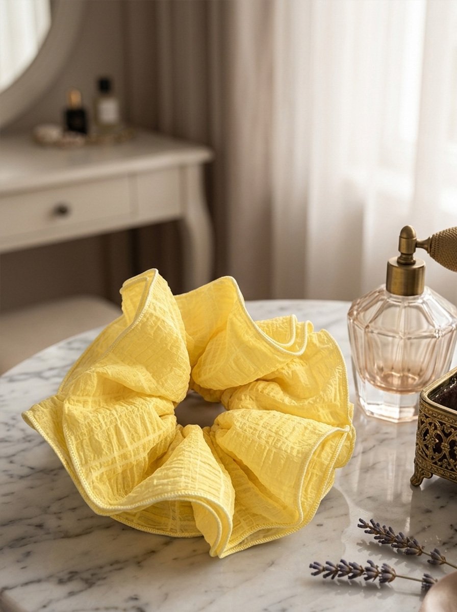 Lemon Yellow Oversized Crinkle Grid Ruffle Scrunchie, 19cm