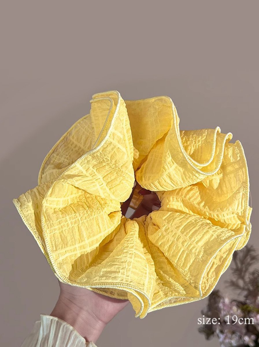 Lemon Yellow Oversized Crinkle Grid Ruffle Scrunchie, 19cm