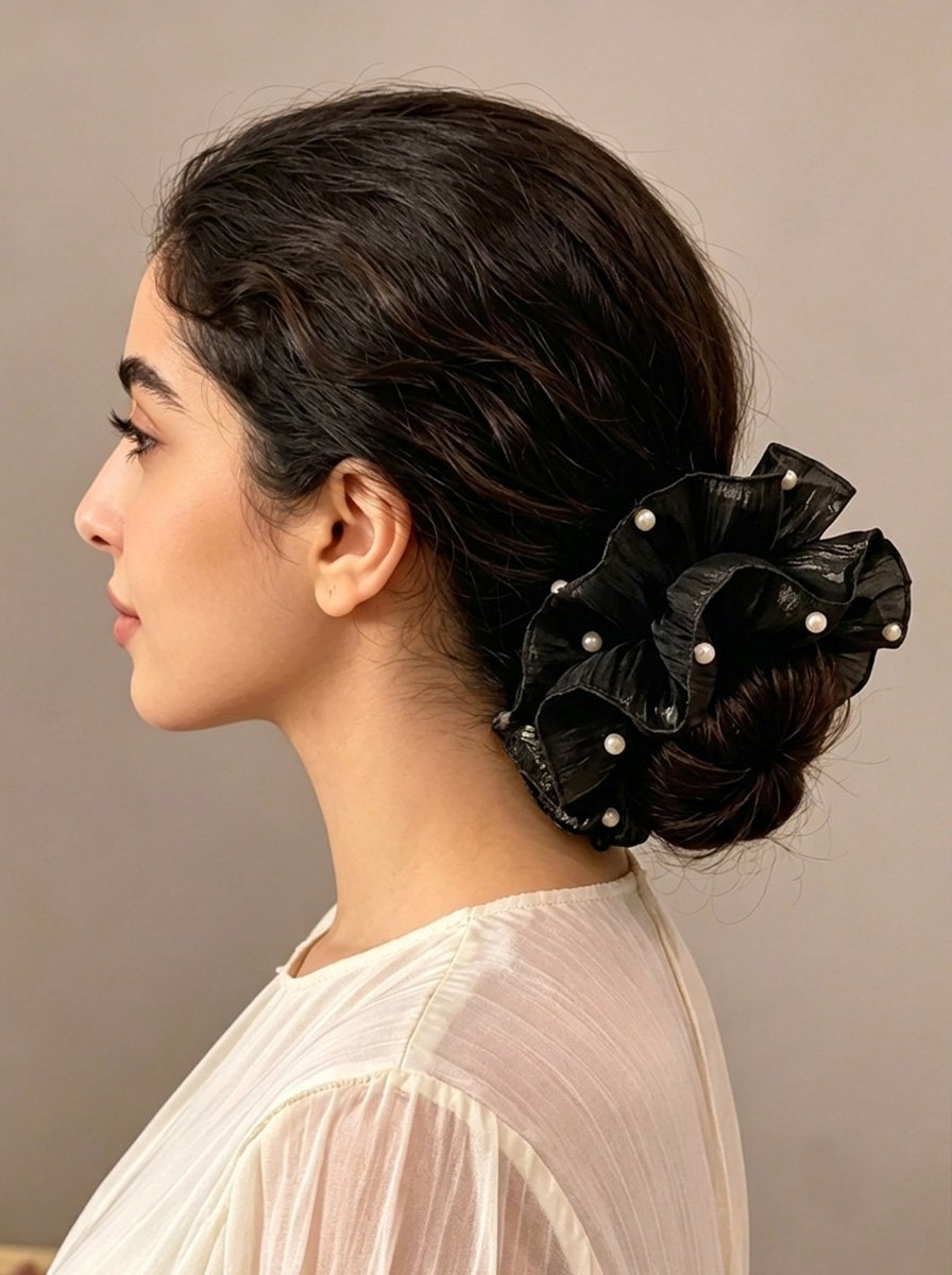 Black Shiny Crinkle Chiffon Oversized Scrunchie, 20cm