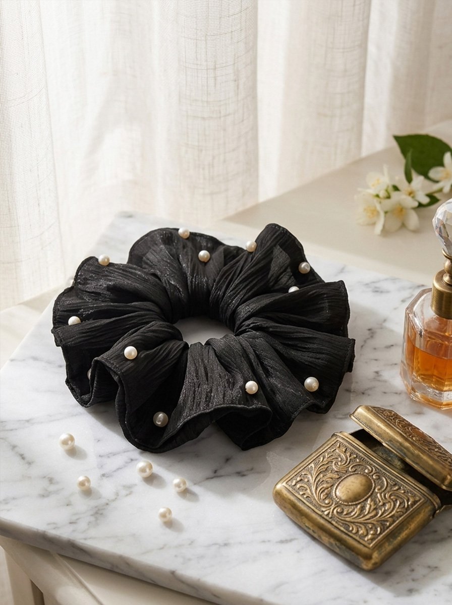 Black Shiny Crinkle Chiffon Oversized Scrunchie, 20cm