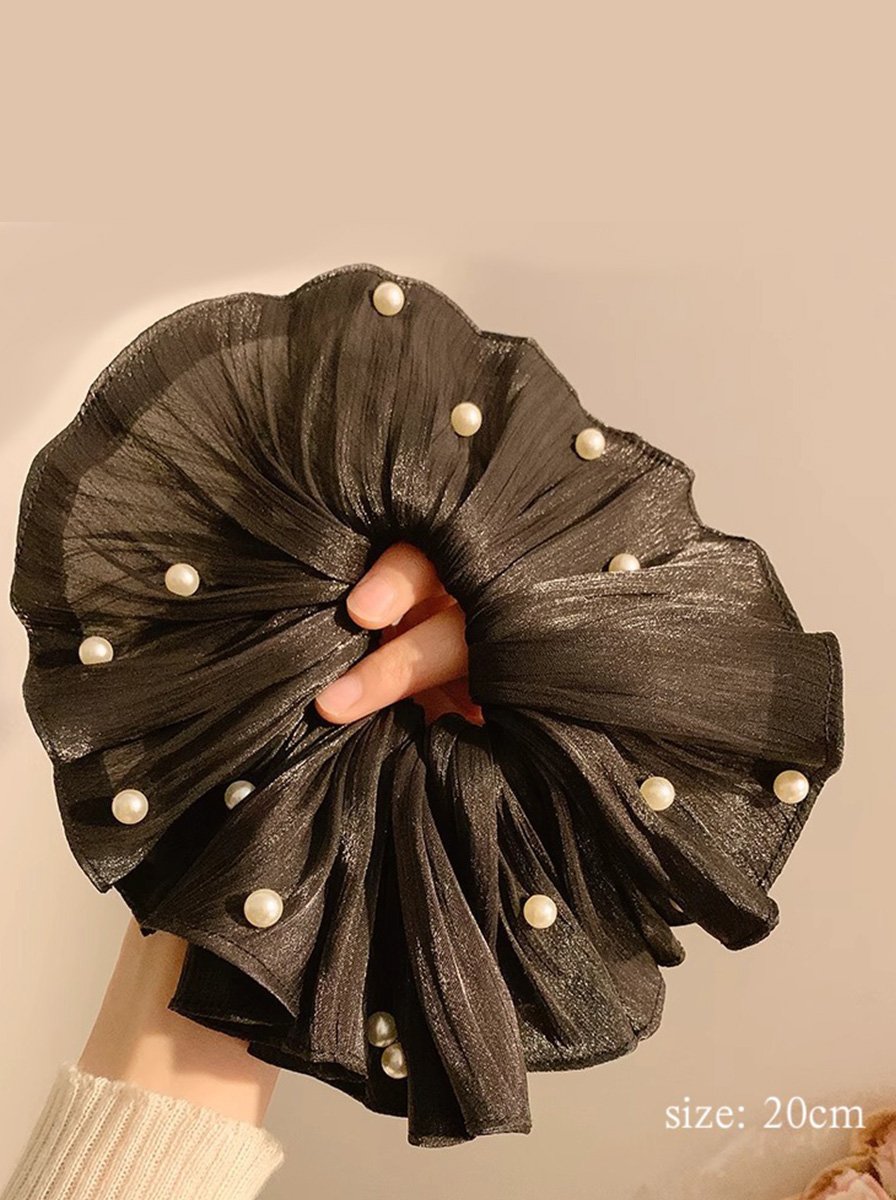Black Shiny Crinkle Chiffon Oversized Scrunchie, 20cm