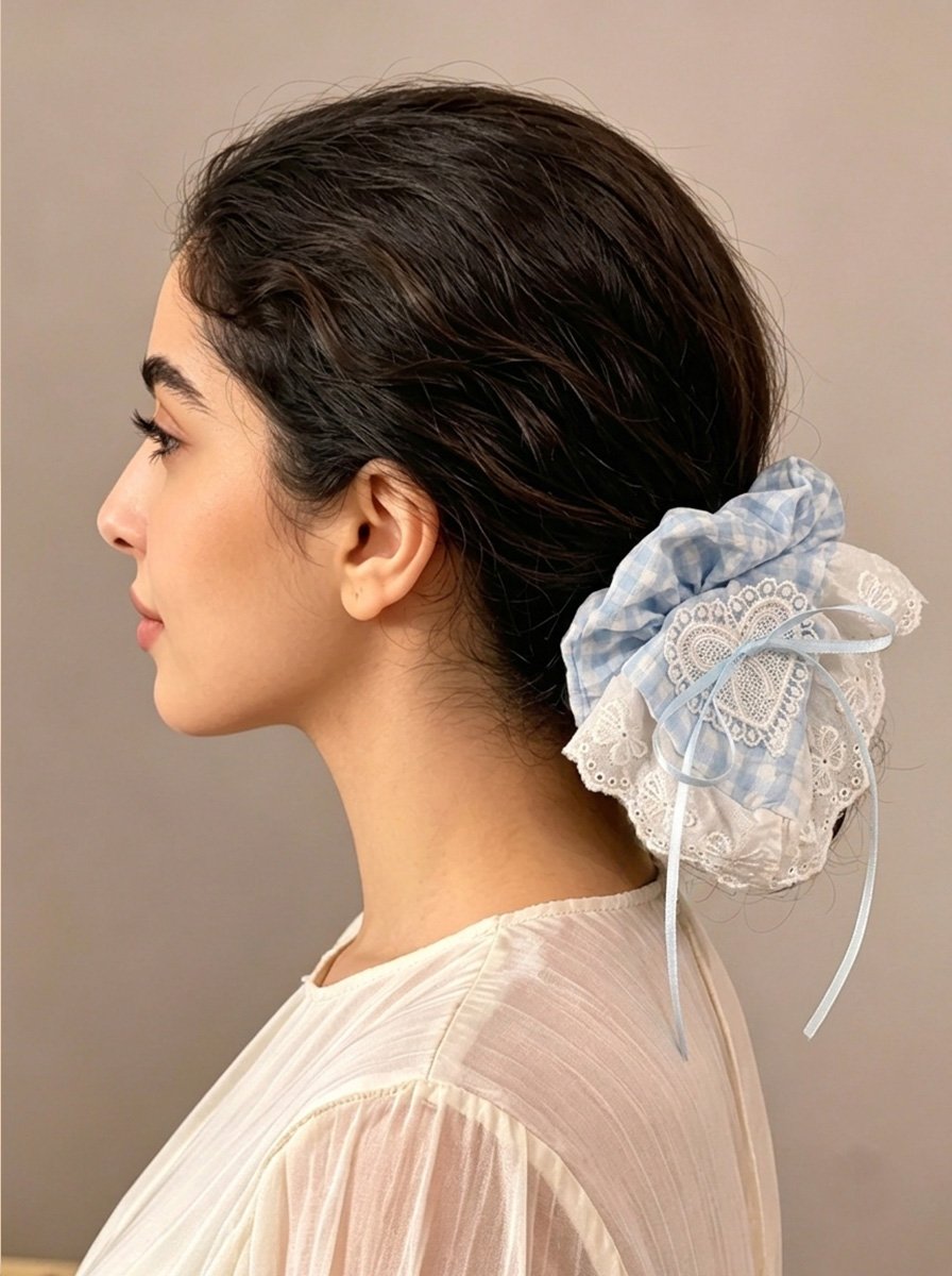 Light Blue Gingham Scrunchie with Eyelet Lace Trim, 10cm