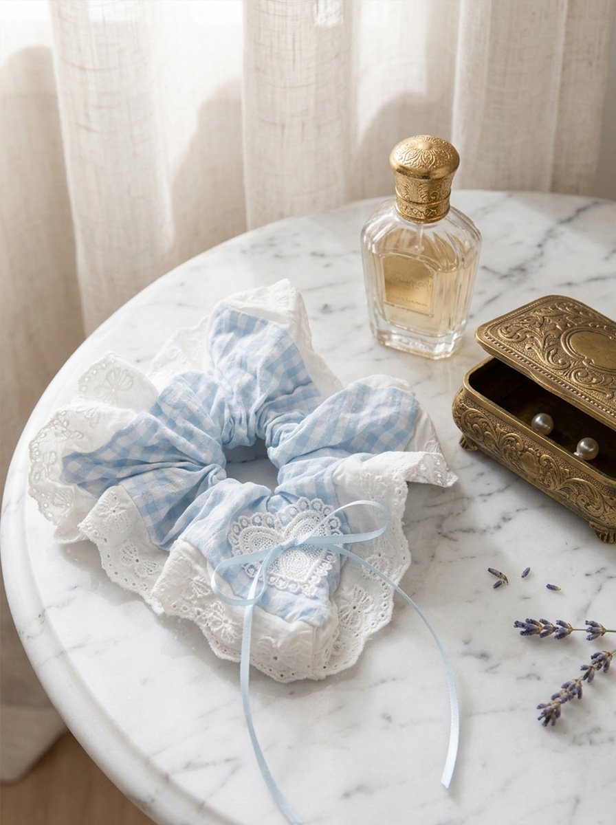 Light Blue Gingham Scrunchie with Eyelet Lace Trim, 10cm