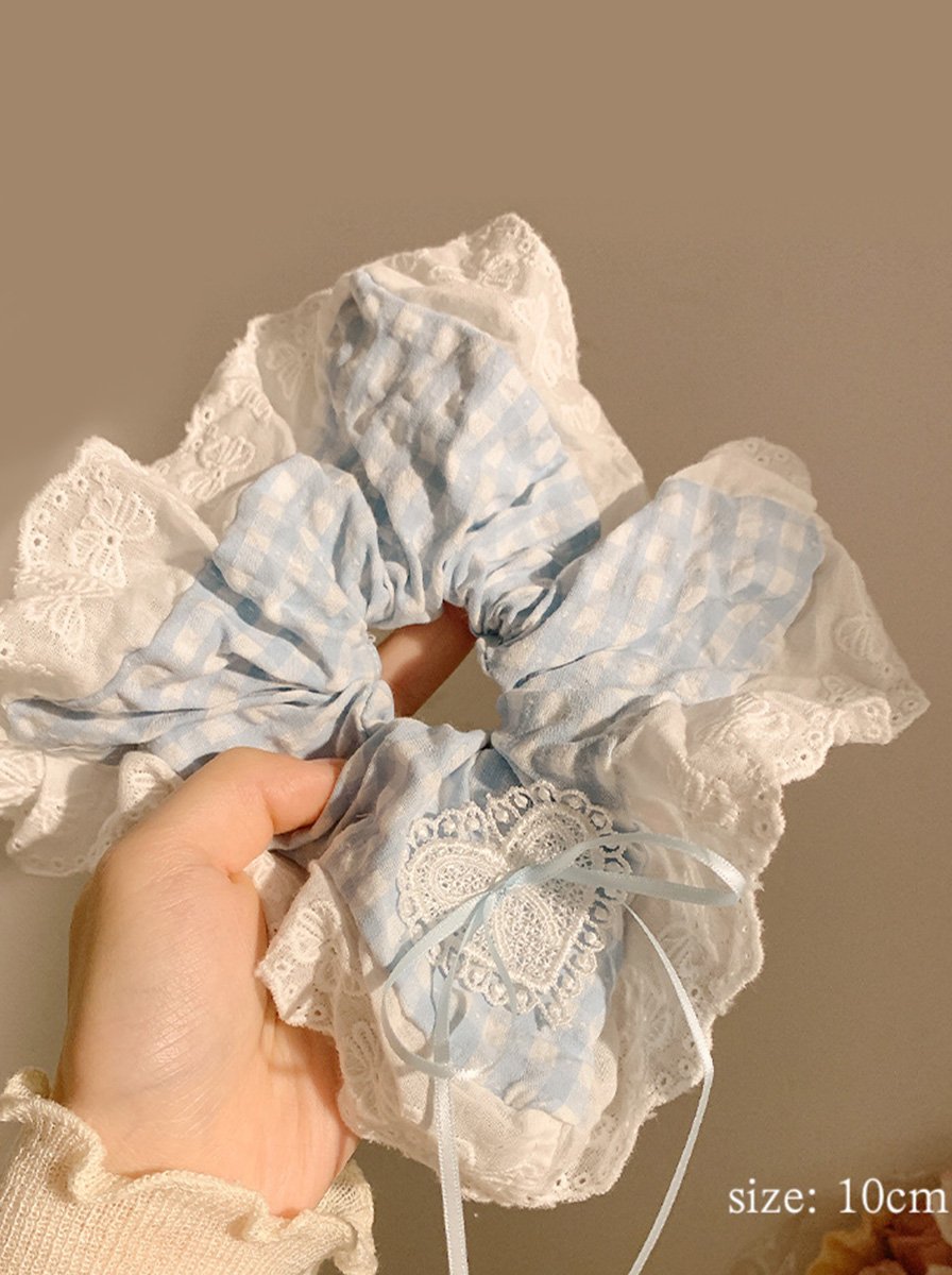 Light Blue Gingham Scrunchie with Eyelet Lace Trim, 10cm