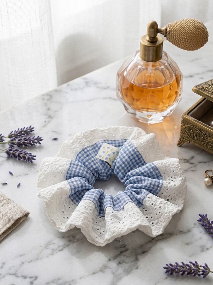 Blue Gingham Scrunchie with Eyelet Lace Trim, 16cm