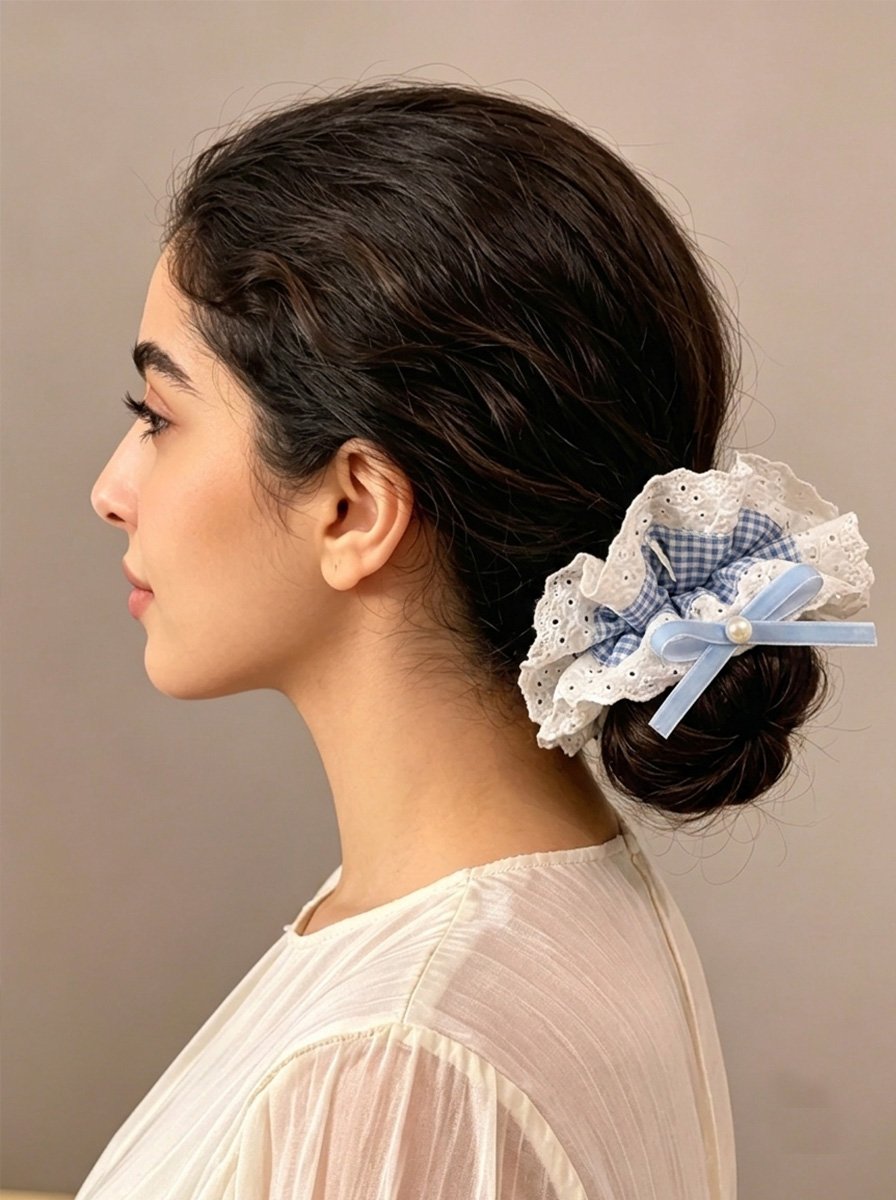 Blue Gingham Scrunchie with Eyelet Lace Trim, 16cm