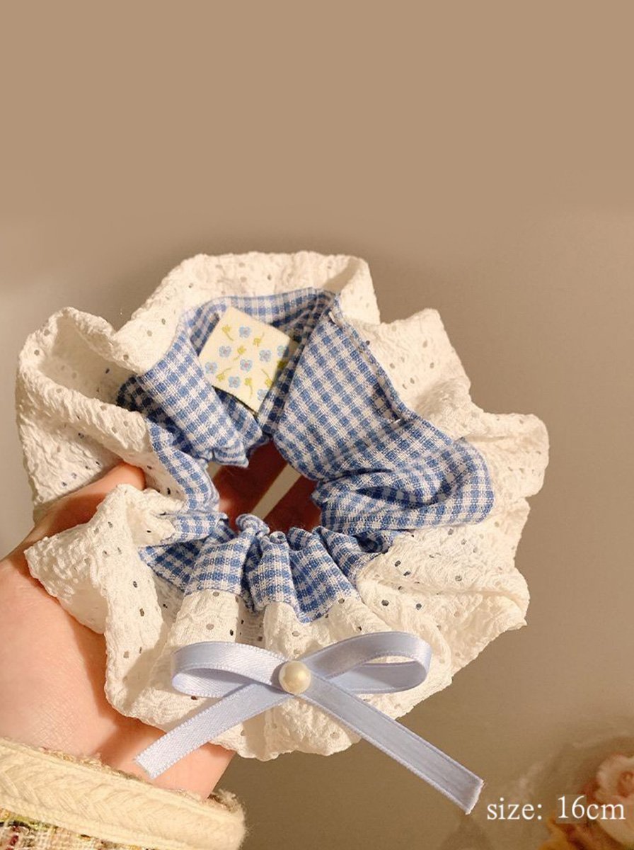 Blue Gingham Scrunchie with Eyelet Lace Trim, 16cm
