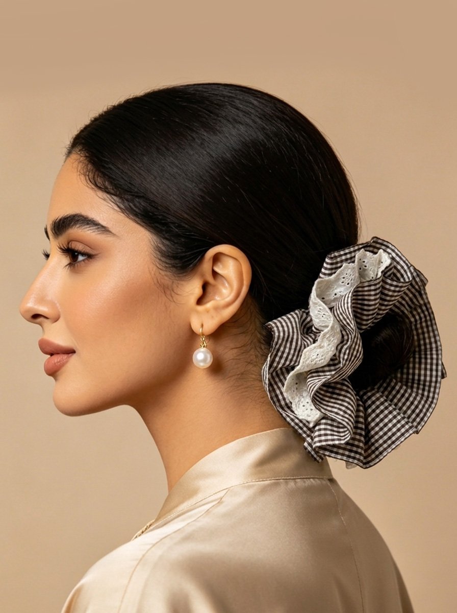 Black Gingham Oversized Ruffle Scrunchie, 19cm