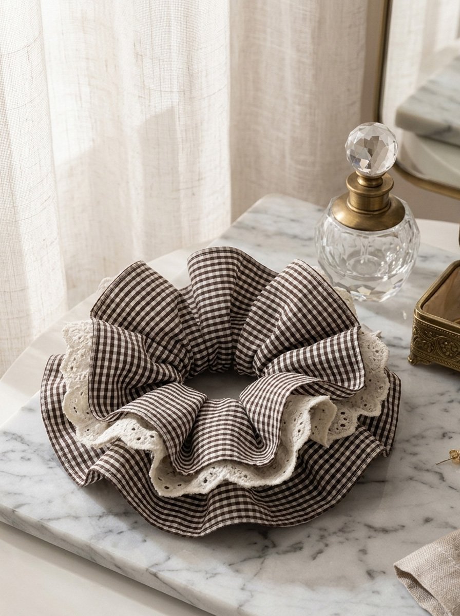 Black Gingham Oversized Ruffle Scrunchie, 19cm