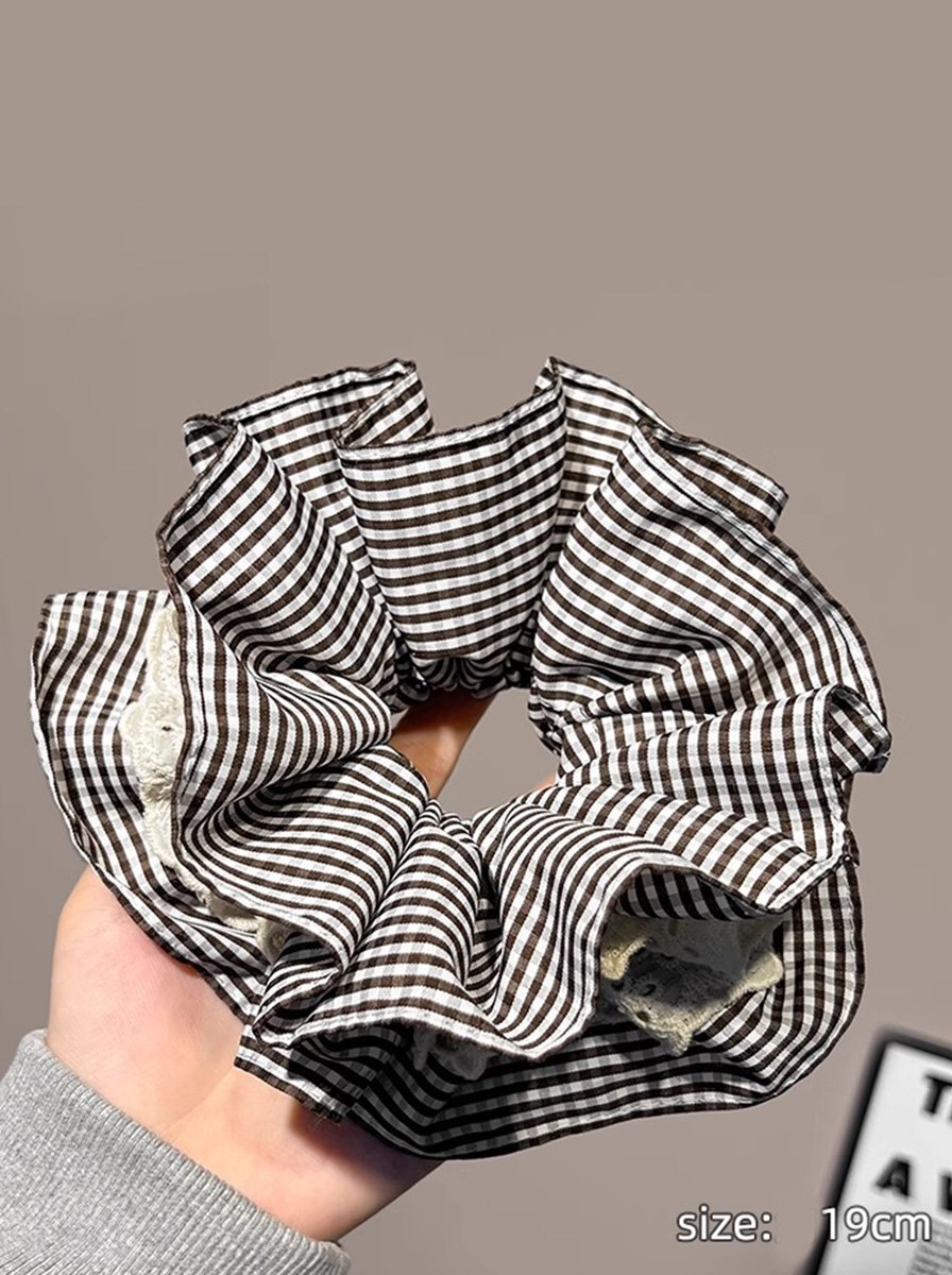 Black Gingham Oversized Ruffle Scrunchie, 19cm