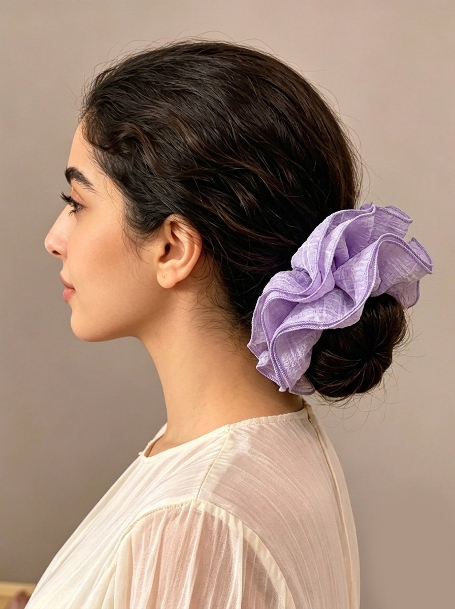 Light Purple Oversized Crinkle Grid Ruffle Scrunchie, 19cm