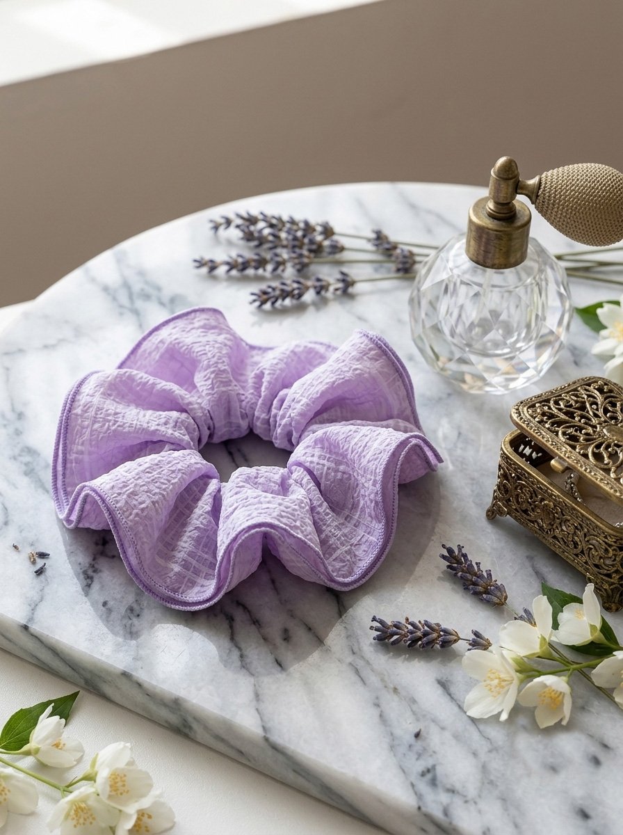 Light Purple Oversized Crinkle Grid Ruffle Scrunchie, 19cm