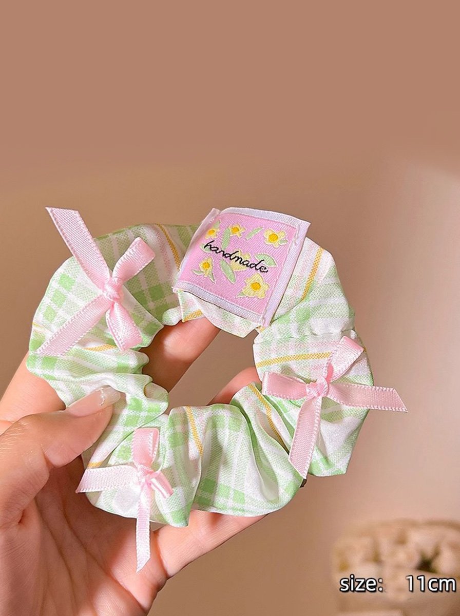 Green Checked Scrunchie with Mini Bows, 11cm