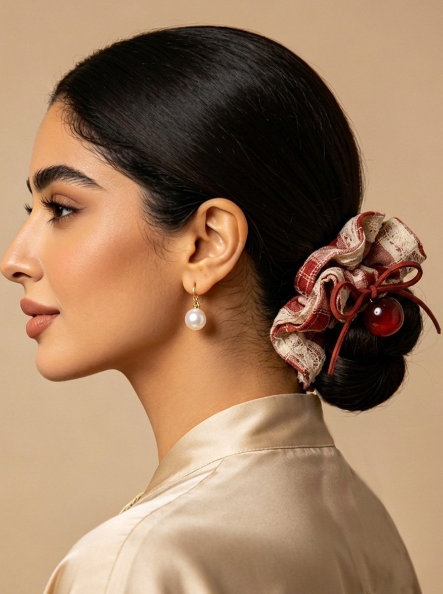 Red Plaid Scrunchie with Hollow Lace Overlay, 13cm