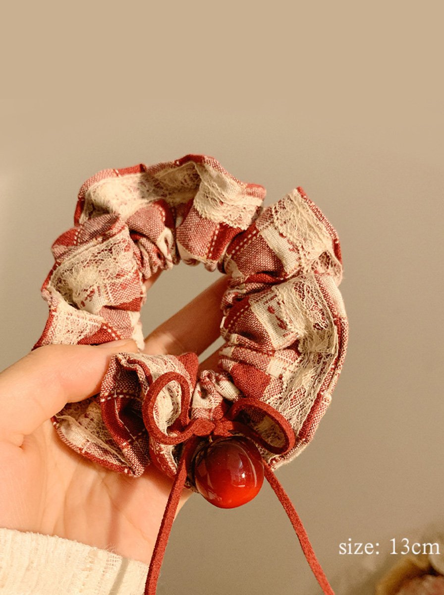 Red Plaid Scrunchie with Hollow Lace Overlay, 13cm