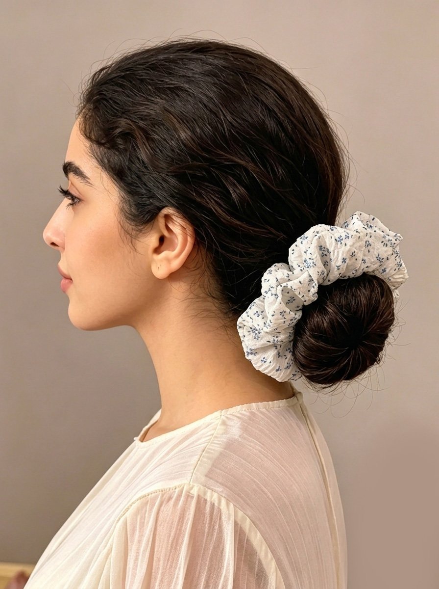 White Crinkle Scrunchie with Floral Print, 13cm