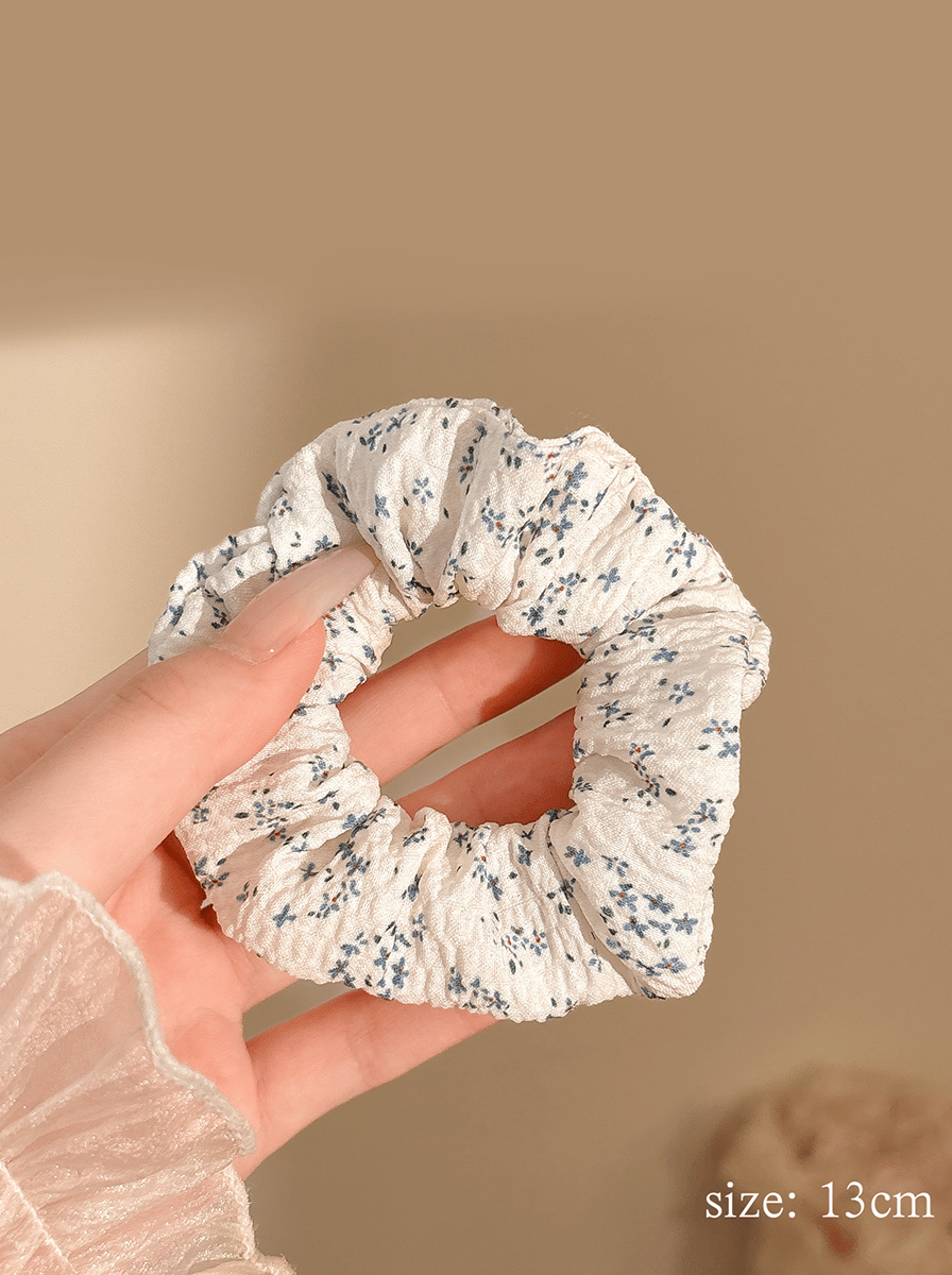 White Crinkle Scrunchie with Floral Print, 13cm