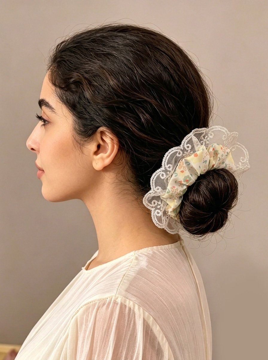 Pastel Small Floral Print Scrunchie with Lace Trim, 14cm