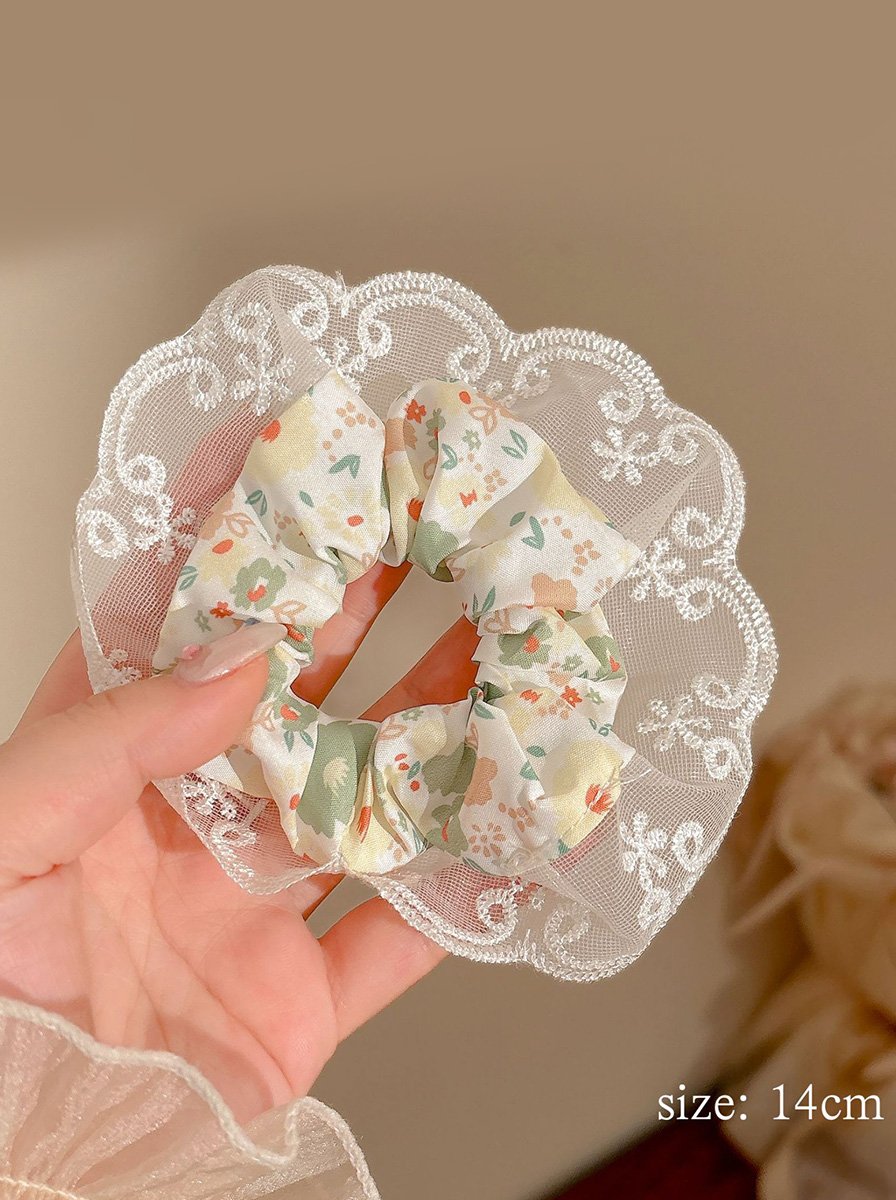 Pastel Small Floral Print Scrunchie with Lace Trim, 14cm