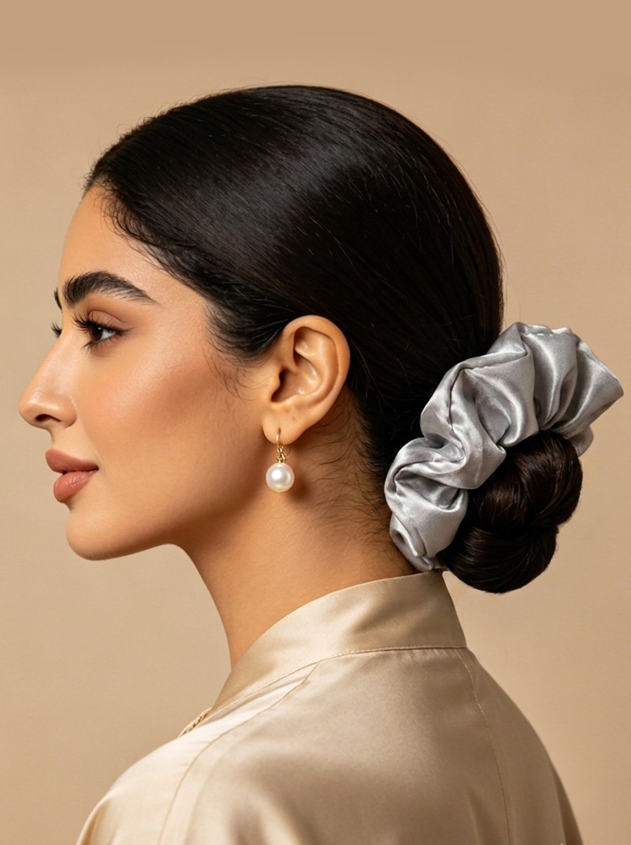 Grey Glossy Satin Large Scrunchie, 15cm