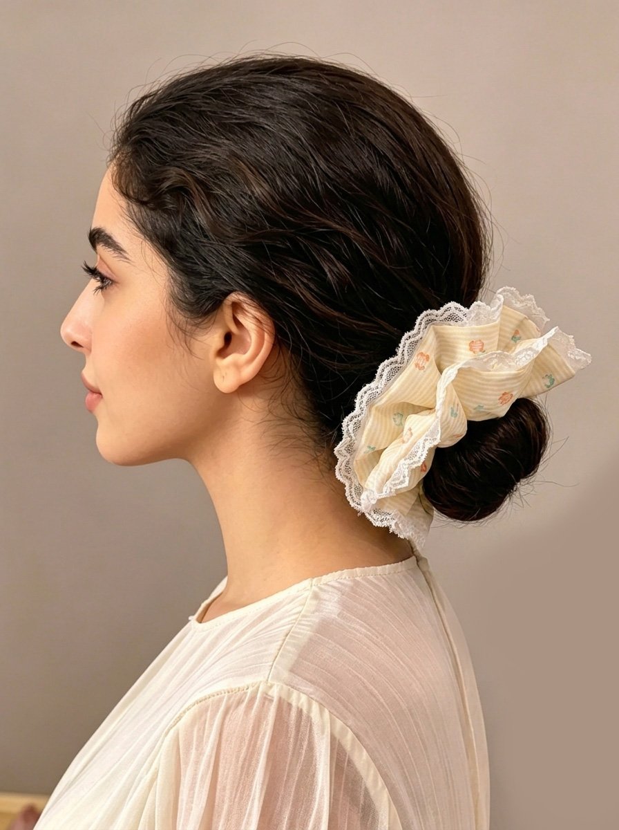 Pale Yellow Thin Stripe Scrunchie with Cartoon Print, 12.5cm