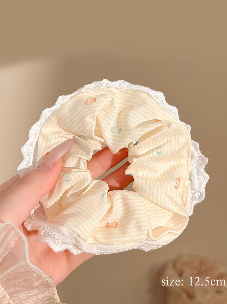 Pale Yellow Thin Stripe Scrunchie with Cartoon Print, 12.5cm