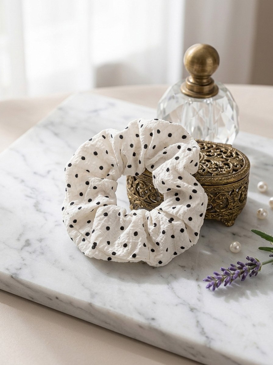 Off White Crinkle Scrunchie with Polka Dot Print, 13cm