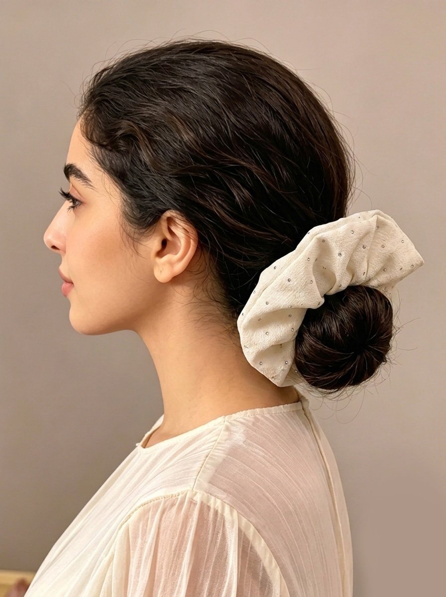 Off White Crinkle Scrunchie with Tiny Rhinestone Studs, 13cm