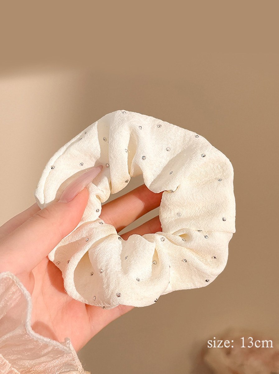 Off White Crinkle Scrunchie with Tiny Rhinestone Studs, 13cm