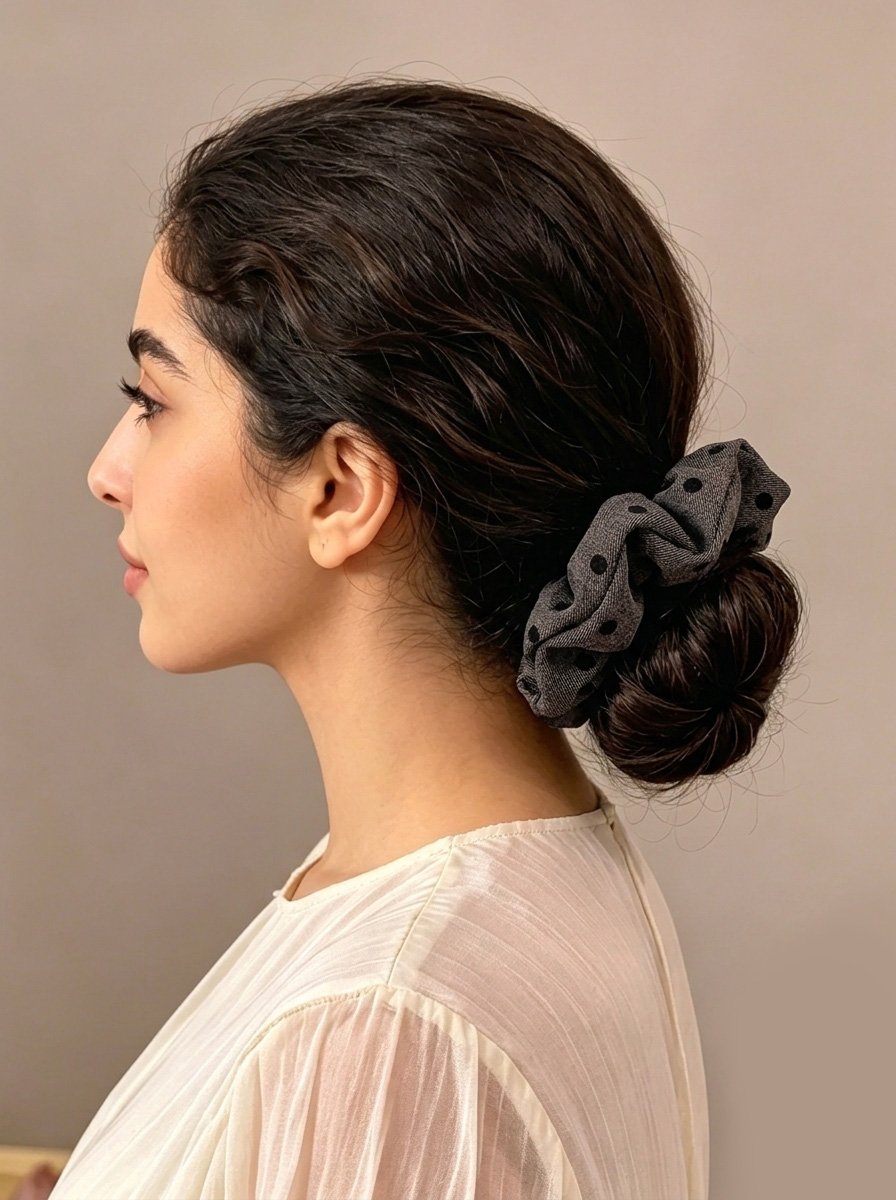 Dark Grey Twill Scrunchie with Flocked Polka Dot, 13cm