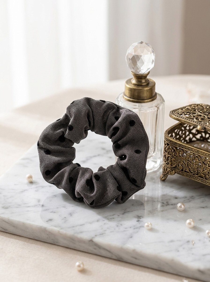 Dark Grey Twill Scrunchie with Flocked Polka Dot, 13cm