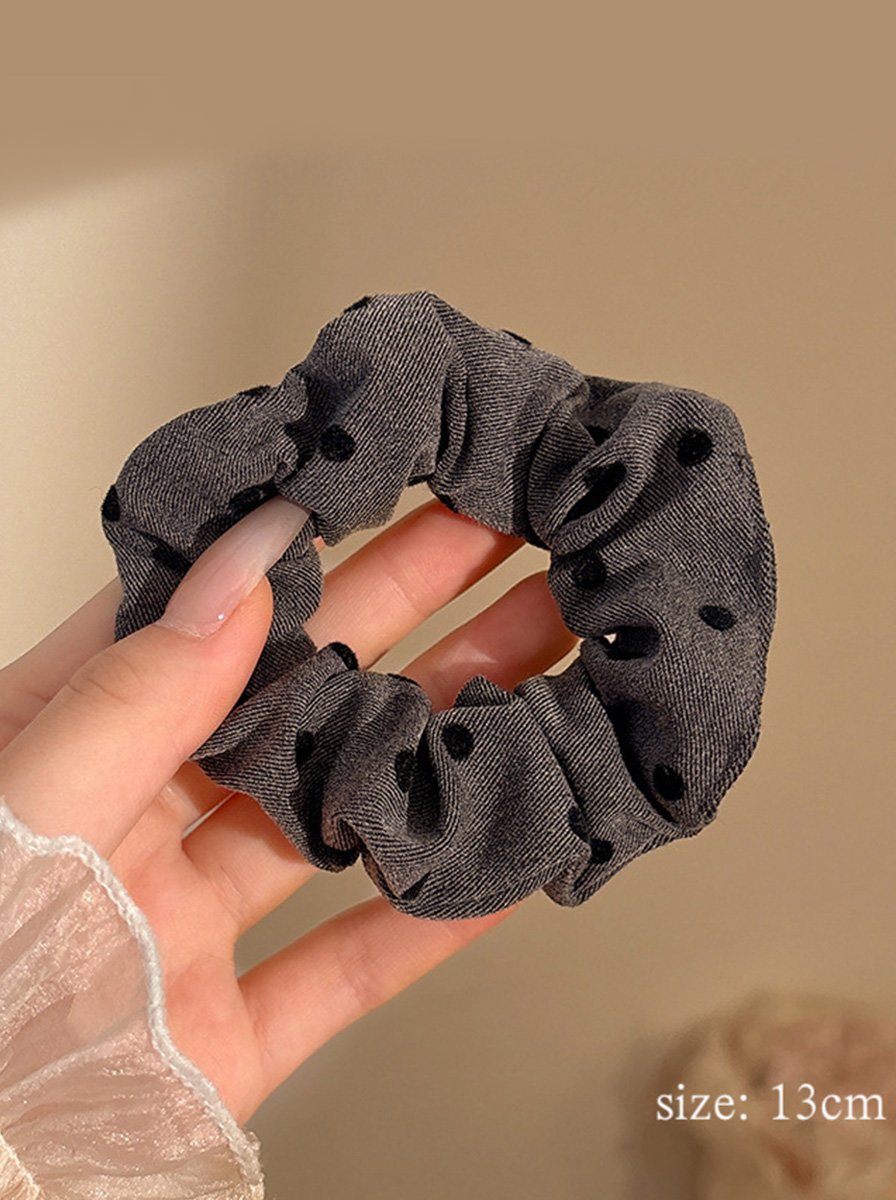 Dark Grey Twill Scrunchie with Flocked Polka Dot, 13cm