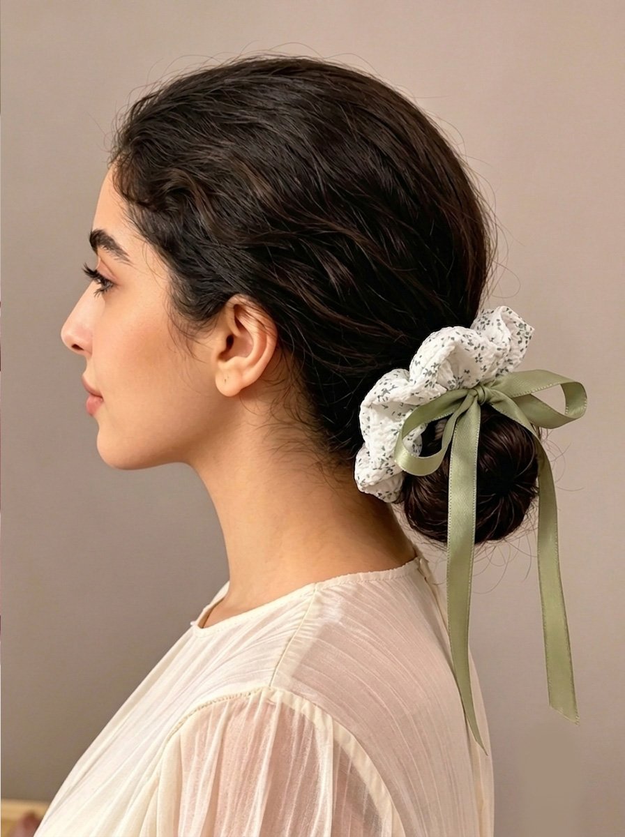 White Crinkle Scrunchie with Floral Print, 12cm