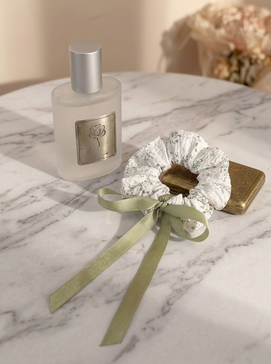 White Crinkle Scrunchie with Floral Print, 12cm
